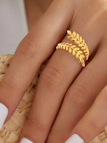 叶形不锈钢简约奢华小众休闲戒指 - 彩色 - 查看 2