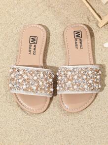 Summer Kids' Fashion Slide Sandals, Girls' Pearl Decor Princess Shoes, Flat Casual Beach Slippers, Suitable For Everyday Outing And Outdoor Vacation
