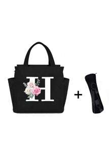 White Letters A~Z Printed With Flowers Lunch Bag For Women Men,With A Black Cutlery Storage Bag, Leakproof Insulated Soft Large Lunch Cooler Bag - Reusable Lunch Bag ,Solid Color Tableware Storage , Leak-Proof Portable Fabric Tableware Bag