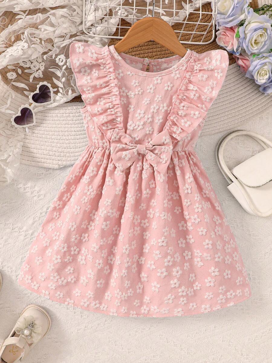 年轻女孩春夏 3D 提花蝴蝶结装饰迷你派对连衣裙 - 粉色 - 查看 1