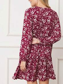 Boho Retro Ditsy Floral Flutter Puff Sleeve Square Neck Tiered Ruffle Tea Midi Length Classic Bridgerton Dress - Burgundy Floral - View 7