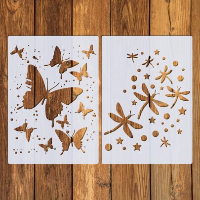2 piezas Plantilla reutilizable tamaño A4 con diseños de libélula y mariposa, para tela, pared, manualidades DIY