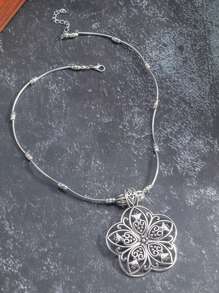 1 件波西米亚复古风格镂空花朵吊坠项链，别致珠宝 - 復古銀色 - 查看 5