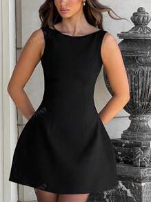 Plus Size Vrouwen Modieuze Minimalistische Elegante Getailleerde Zwarte Gebreide Rugloze A-lijn Jurk