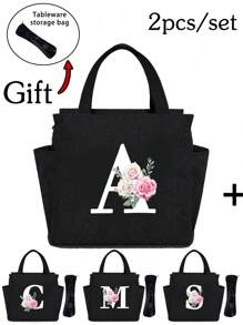 White Letters A~Z Printed With Flowers Lunch Bag For Women Men,With A Black Cutlery Storage Bag, Leakproof Insulated Soft Large Lunch Cooler Bag - Reusable Lunch Bag ,Solid Color Tableware Storage , Leak-Proof Portable Fabric Tableware Bag