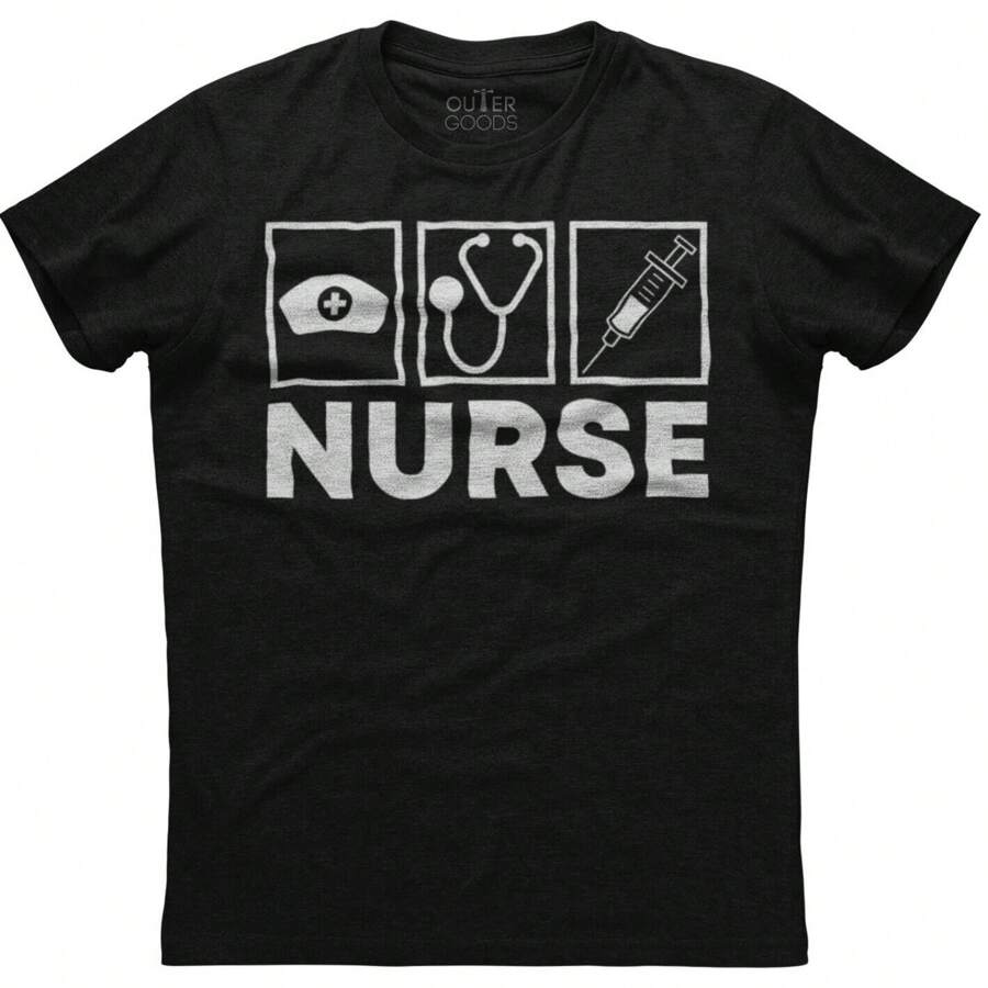 Nurse Stethoscope And Injection Printed Mens Short Sleeve Cotton T-Shirt - Black - View 1