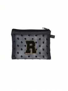 1 pieza Bolsa de malla transparente con forma de corazón linda, Mini bolsa de almacenamiento - Toalla con inicial bordada de la A a la Z, Bolsa cosmética portátil multifuncional para viajes, Bolsa de almacenamiento para maquillaje, cuidado de la piel y lápiz labial, Bolsa de cremallera de malla, Organizador de maquillaje para viajes