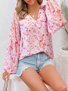 Women Spring Chiffon Boho Floral Shirt Leopard  V Neck Long Puff Sleeve Lightweight Loose Shirt Summer Casual Fashion Holiday Vacation Bohemian Beach Street Blouse Tops Outfits - 粉紅色花 - 查看 4