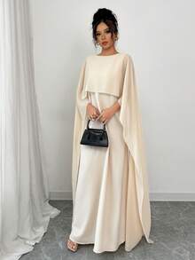 女士休闲宽松纯色雪纺透明透气中长连衣裙，端庄