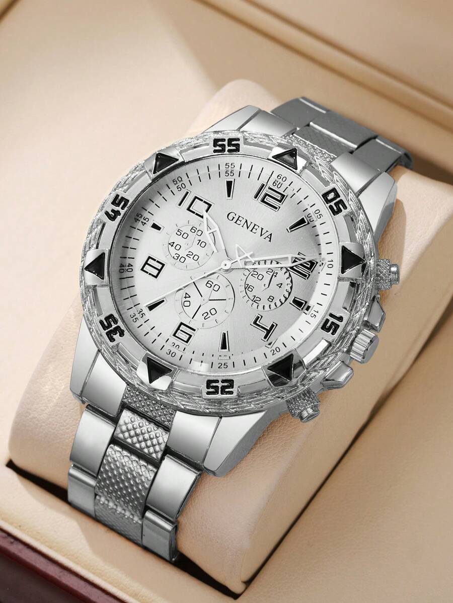 1pc Men's Fashion Casual Business 3-Eye Numerical Scale Oversized Dial Classic Quartz Wrist Watch, No Watch Box Included - Silver - View 1
