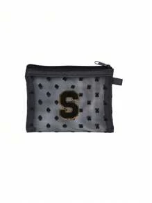 1 pieza Bolsa de malla transparente con forma de corazón linda, Mini bolsa de almacenamiento - Toalla con inicial bordada de la A a la Z, Bolsa cosmética portátil multifuncional para viajes, Bolsa de almacenamiento para maquillaje, cuidado de la piel y lápiz labial, Bolsa de cremallera de malla, Organizador de maquillaje para viajes