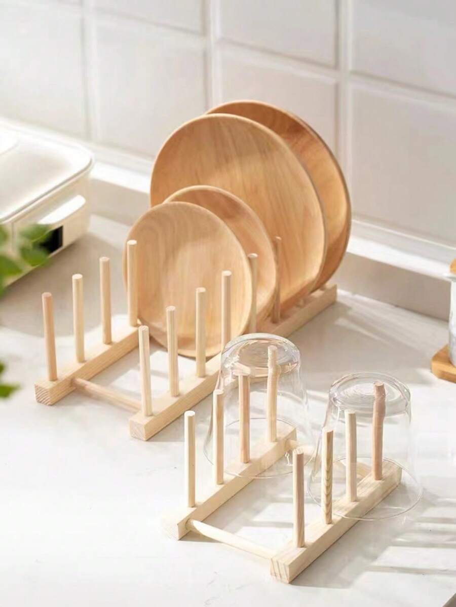 1 pieza Estante multifuncional y creativo de madera para tazones, platos y vajilla de cocina, estante de exhibición de supermercado para almacenamiento de platos, tazones y un simple estante de bambú de drenaje - Multicolor - Ver 1