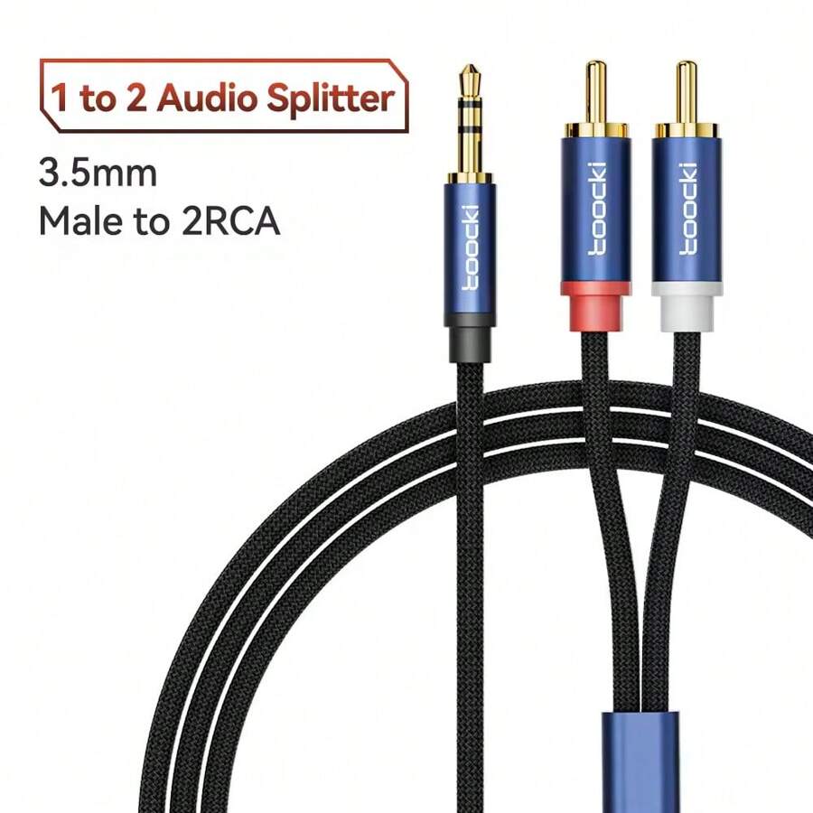 Toocki 插孔 3.5 至 2 RCA 辅助线 3.5 毫米插孔至 2RCA 公头分配器音频线适用于电视 PC 放大器家庭影院 DVD 扬声器线 - 藍色 - 查看 1