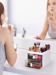 1 pieza, Caja de almacenamiento de múltiples cajones, Caja de almacenamiento de cosméticos, Caja organizadora de maquillaje, Organizador de escritorio para dormitorio, Caja de almacenamiento de plástico, Caja para colocar en el tocador de cuidado de la piel y cosméticos, Caja de almacenamiento de papelería, Organizador de cajones para papelería