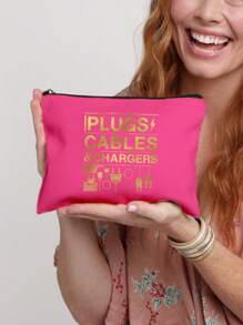 Golden Travel Charger Data Cable Pattern Theme Printed Zipper Makeup Bag,Large Capacity Makeup Bag, Cosmetic Bags,Cosmetic Bag With Data Cable Pattern, Red Air Cushion Storage Portable Storage Bag, Makeup Bag, Skincare Bag, Travel Essentials, Dormitory Supplies, Wedding Bride Gifts, Mother Gifts, Birthday Gifts, Gifts For Friends And Teachers, Bathroom Storage Make Up Bag - Multicolor - View 13