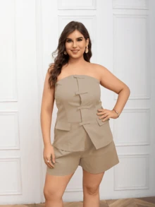 Plus Size Women's Casual Plain Strapless Top And High Waist Loose Shorts Set