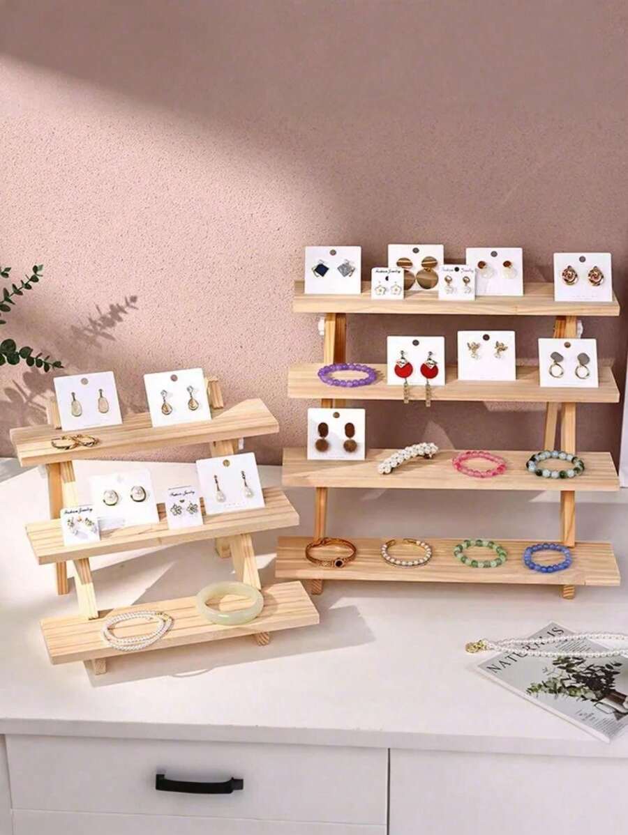 Wooden Ladder-Shaped Jewelry Display Stand, Creative Ornament Display Rack, Jewelry Display Podium, Live Streaming Booth Display Rack - Wood Color - View 1