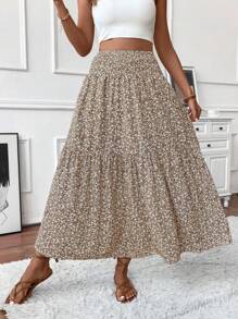 Women's Maxi Skirt Tiny Floral Casual Elastic Waist With Pockets Ruffled Hem Ladies Summer A-Line Long Skirts