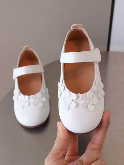 1 Pair Girls Cute Floral PU Fashion Comfortable Hook And Loop Round Toe Flat Casual Shoes, Suitable For Daily Wear