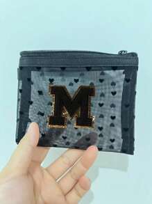 1 pieza Bolsa de malla transparente con forma de corazón linda, Mini bolsa de almacenamiento - Toalla con inicial bordada de la A a la Z, Bolsa cosmética portátil multifuncional para viajes, Bolsa de almacenamiento para maquillaje, cuidado de la piel y lápiz labial, Bolsa de cremallera de malla, Organizador de maquillaje para viajes