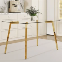 51 * 31.5 Inch Rectangular Dining Table: Transparent Glass Paired With Golden Seven Character Legs, Showcasing A Luxurious Texture. Suitable For Various Places Such As Kitchens, Dining Rooms,Etc.