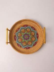 1 pieza Bandeja de servir de ratán hecha a mano, bandeja de té de ratán tejido natural de doble asa, plato de frutas, canasta de pan y snacks, bandeja redonda de ratán hecha a mano, canasta de snacks, canasta de almacenamiento tejida, plato de almacenamiento, estilo rústico, adecuado para la cocina del hogar - Caqui - Ver 17