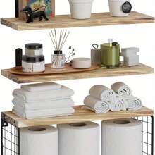 1 Set Rustic Solid Pine Wood Floating Wall Shelf With Toilet Paper Holder Basket, Wall Mounted Bath Storage Rack