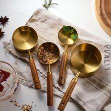 4 pièces Set de tasses et de cuillères de mesure dorées avec poignées en bois de rose, ensemble d'ustensiles de cuisine de cuisson, accessoires de cuisine