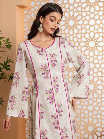 女式束腰长袖长款休闲连衣裙，适合春夏季时尚