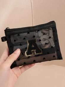 1 pieza Bolsa de malla transparente con forma de corazón linda, Mini bolsa de almacenamiento - Toalla con inicial bordada de la A a la Z, Bolsa cosmética portátil multifuncional para viajes, Bolsa de almacenamiento para maquillaje, cuidado de la piel y lápiz labial, Bolsa de cremallera de malla, Organizador de maquillaje para viajes