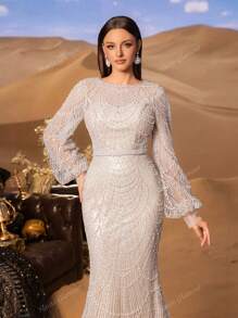 Faeriesty Haute Glamour Elegant Luxurious Sequined Mermaid Gown With Long Sleeves - Sparkling Crystal-Beaded Accents For Red Carpet Events, Celebrity Weddings, Gala Dinners, And Editorial-Ready Fashion Showouts