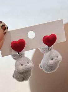 1 对可爱的复活节兔子和心形设计毛绒吊坠耳环，适合女性所有场合 - 灰色 - 查看 3