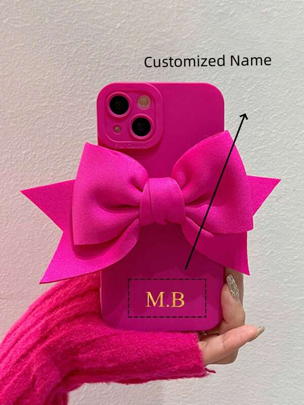 [Customized]Personalized Golden Initial Name Cute Fluorescent Pink Bow Y2K Girl Custom Phone Case Compatible With Iphone 16 15 14 13 12 11 Pro Max 16 15 14 Plus Soft Cases Personalization Shockproof Back Cover