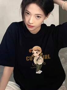 女士春夏简约圆领宽松休闲英文文字及少女图案印花短袖T恤 黑色 - 黑色 - 查看 3