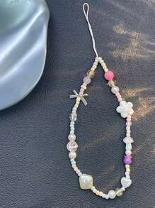 Colorful Beaded Lanyard With Heart & Flower Charm For Women, Short Wrist Phone Strap