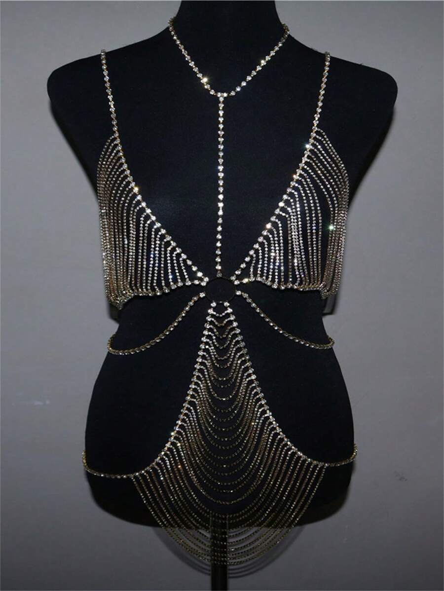 Fringe Chest Chain Bikini, Ladies Luxury Mesh Chest Necklace Bikini Intimates Accessory - Gold - View 1