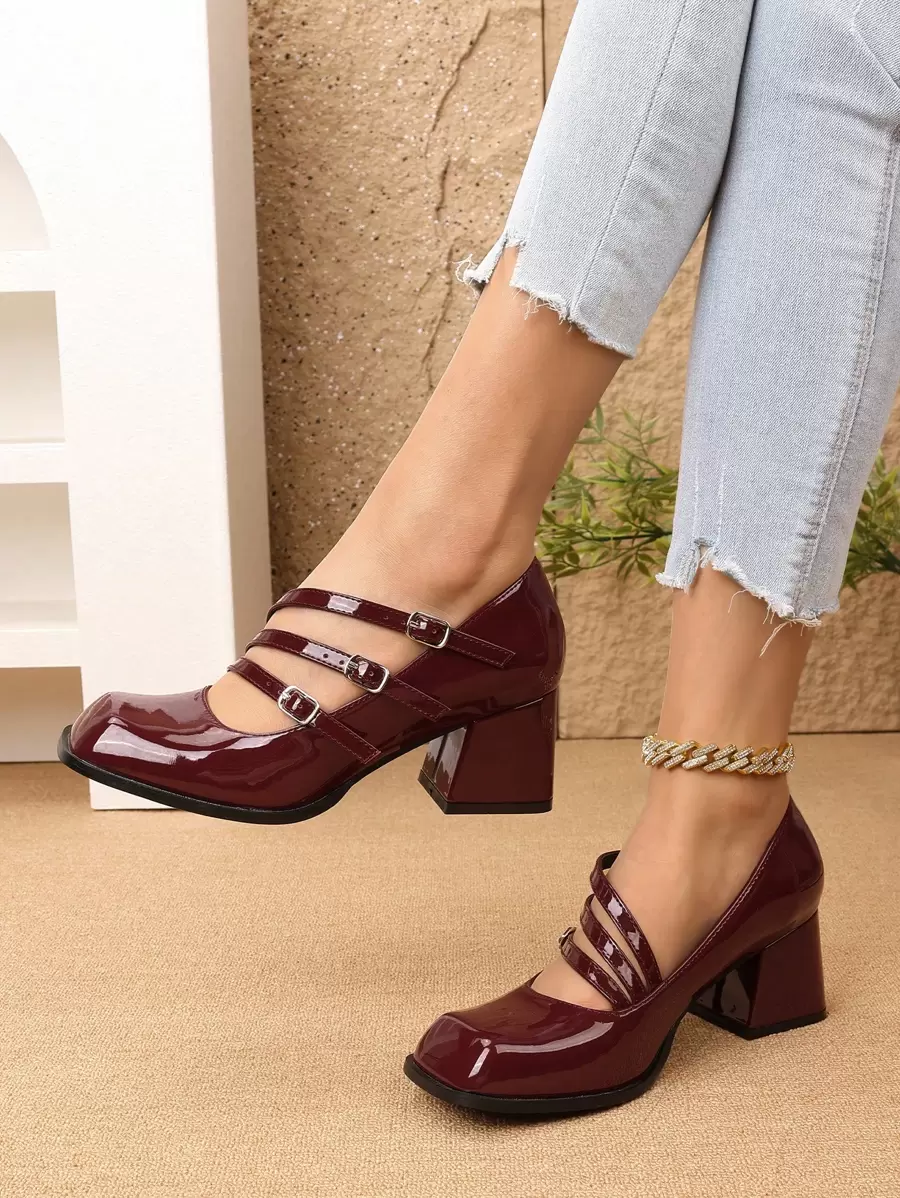 Vintage French Style Mary Jane Pumps For Women, New Spring High Heels, Korean Princess Solid Color Square Toe Thick Heel Dress Shoes