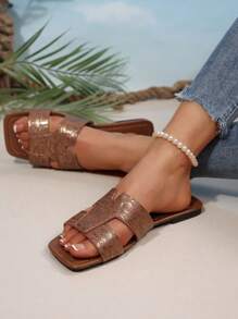 Sandalias planas casual de verano para mujer con estampado de patrón de piel de serpiente y lámina dorada de banda ancha