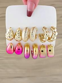 6pcs/12pcs Set Fashionable Minimalist Creative Personalized C-Shaped Water Drop Twisted Hoop Earrings, Ombre Spray Paint Candy Color C-Shape Bead Earrings (Minor Color Difference May Exist) - Multicolor - View 12