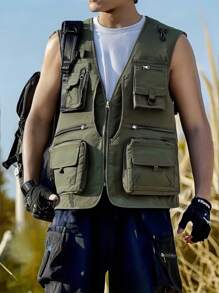Men's Solid Color Sleeveless Zip-Up Tactical Vest, Casual Net Mesh Multi-Pocket Waistcoat, Outdoor Photography Fishing Jacket - Army Green - View 1