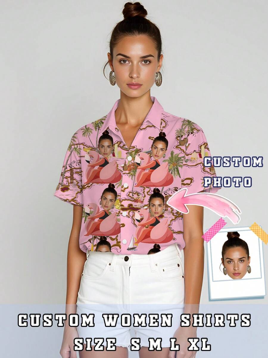 夏季女士定制照片短袖衬衫时尚个性化夏威夷衬衫 3D 夏威夷海滩印花 T 恤添加您的照片设计定制趣味衬衫度假休闲、装饰、独特、定制、适合她、家人、朋友、粉色女孩、节日、度假、周年纪念的理想礼物