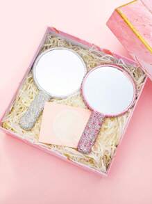 1pc Rhinestone Series, Diamond-Studded Heart-Shaped/Round/Square Mirror, Portable Handle Mirror, Makeup Handheld Mirror, Cute Small Mirror, Hand-Held Mirror