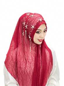 1pc Malaysian Tasseled Solid Color Beaded Floral Shawl Scarf Head Wrap, Elastic Turban Style, Muslim Headwear