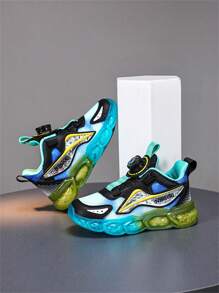 1 双男女通用儿童双网拼接柔软、轻便、旋转按钮拼色、跑步透气、透明果冻鞋底、渐变休闲日常运动鞋