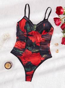 1pc Fashionable Floral Print Bodysuit, Sexy Back Design, Form-Fitting Slinky Jumpsuit