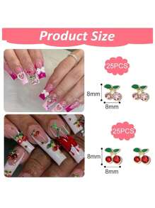 50 piezas Decoraciones 3D de cerezas para uñas, en 2 colores: rosa y rojo. Pegatinas 3D brillantes de arte de uñas con cerezas planas sin adhesivo y adorables