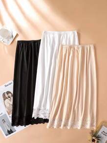 3 Pieces/2 Pieces/1 Piece, Multi Specification, Multi-Color, Solid Color, Spring And Summer Styles, Anti Transparency And Anti Light Medium Long Skirt, Inner Lining Skirt, Lace Bottom, Anti-Static Skirt, Elastic Waistband Suitable For Slightly Overweight Girls, Suitable For Daily Wear Summer, School Fall, Autumn, Halloween