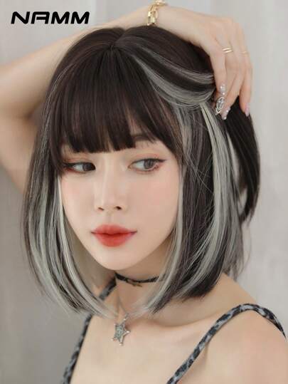 NAMM 12英寸金色渐变短款万圣节假发，女士短直发带刘海，耐热纤维全卷波波头假发，适合日常佩戴 - 角色扮演假发 - 樱花庆典魅力派对街拍造型 - 女孩礼物假发配饰