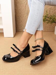 复古法式玛丽珍鞋女新款春季高跟鞋韩版小皮鞋纯色迷人公主优雅方头粗跟高跟鞋