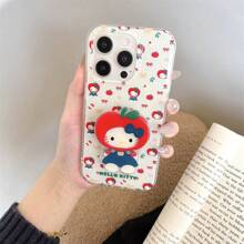 Sanrio 2 sztuki japońskiej kreskówki słodkie kratki czerwony kot jabłkowy kotek z podstawką kompatybilny z 16 Pro Max, 15 Pro Max, 14 Pro Max, 13 Pro Max, pełne silikonowe etui ochronne na telefon